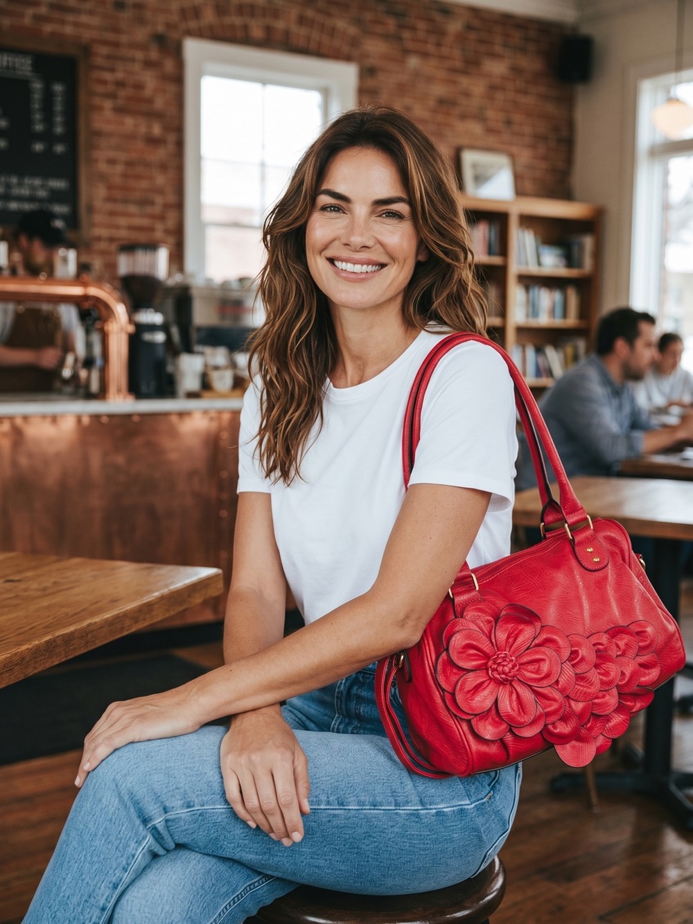 Red Faux Leather Floral Applique Satchel Bag